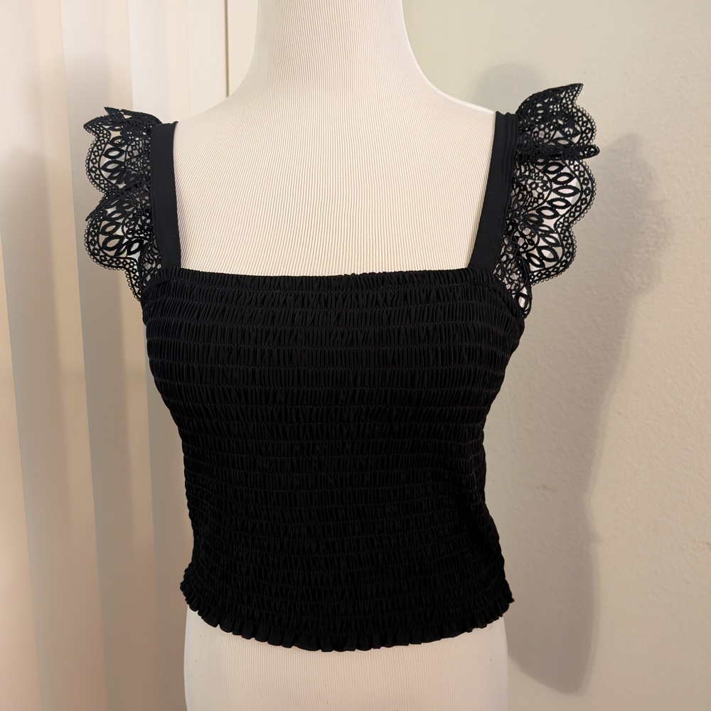 Black Lace Trimmed Shirred Women's Top